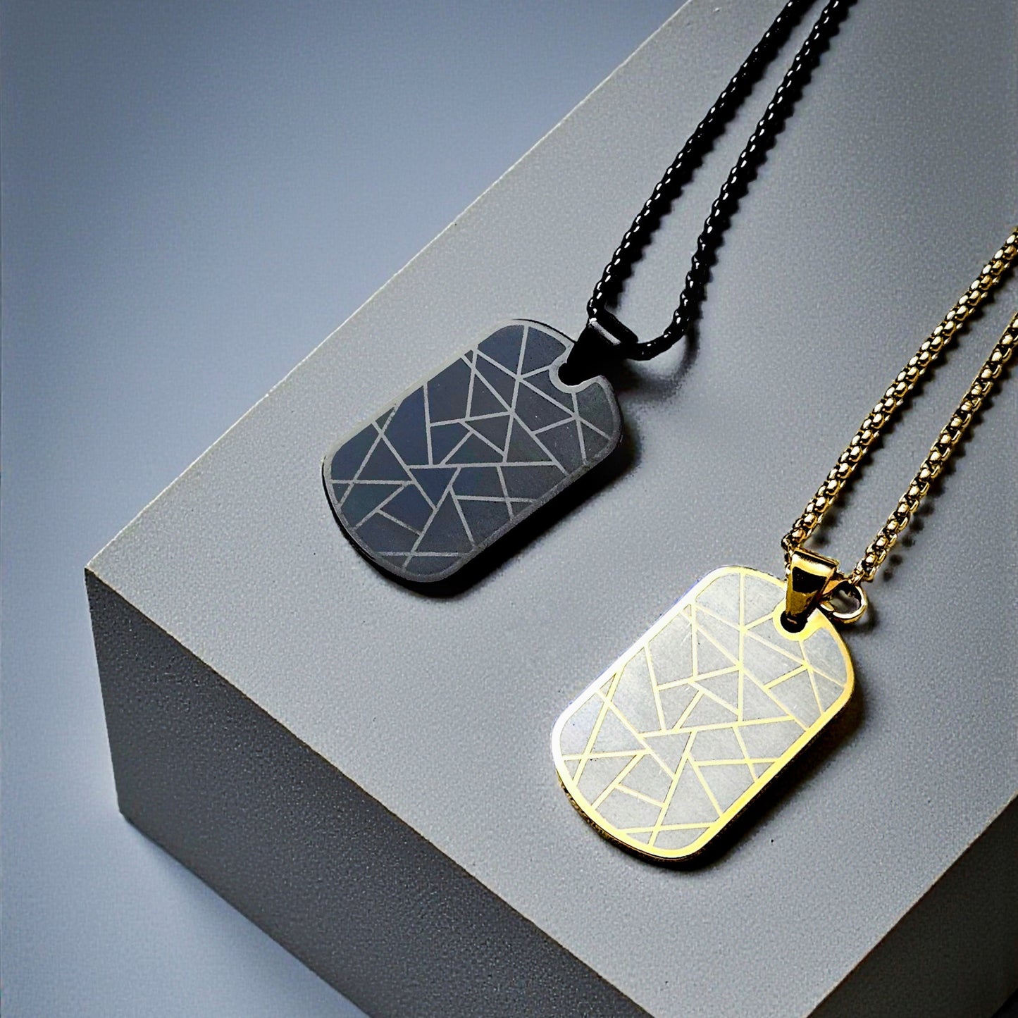 Men's Zig-Zag Dog Tag Pendant – Black & Gold Enamel Stainless Steel, Anti-Tarnish Chain
