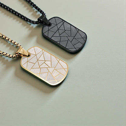 Men's Zig-Zag Dog Tag Pendant – Black & Gold Enamel Stainless Steel, Anti-Tarnish Chain