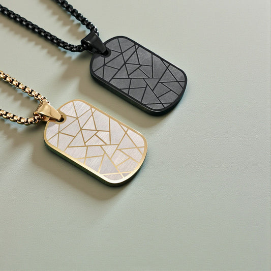 Men's Zig-Zag Dog Tag Pendant – Black & Gold Enamel Stainless Steel, Anti-Tarnish Chain