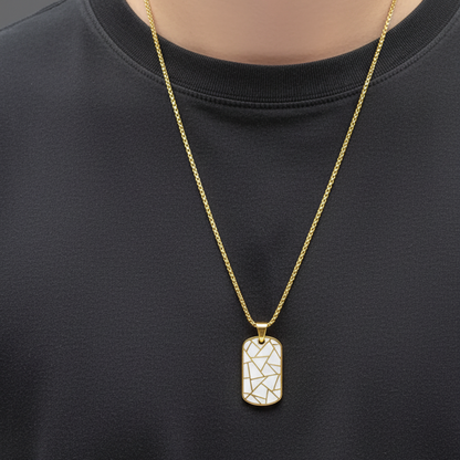 Men's Zig-Zag Dog Tag Pendant – Black & Gold Enamel Stainless Steel, Anti-Tarnish Chain