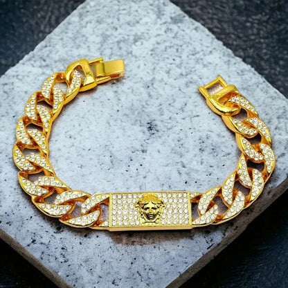 Men's Hip Hop Iced Out Gold Cuban Link Bracelet with Rhinestone - Studded Chunky ID Plate - Bracelets - Cadeau Craft