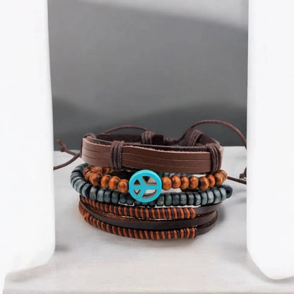 Peace Brown Leather Multi - Strand Wristband Bracelet for Men – Handcrafted Design - Bracelets - Cadeau Craft